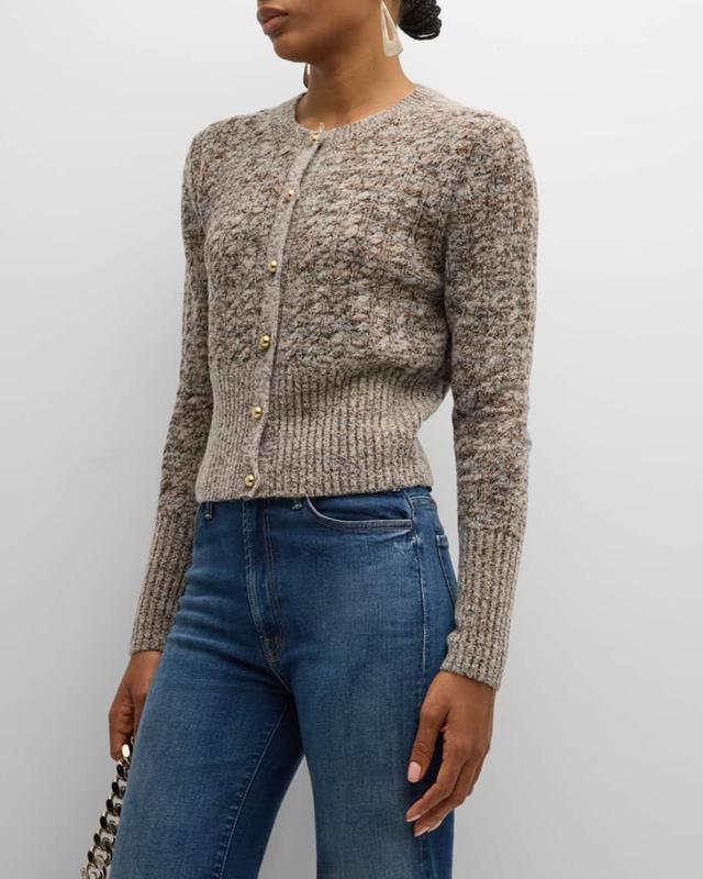 Marble-Button Crewneck Cable-Knit Cardigan Product Image