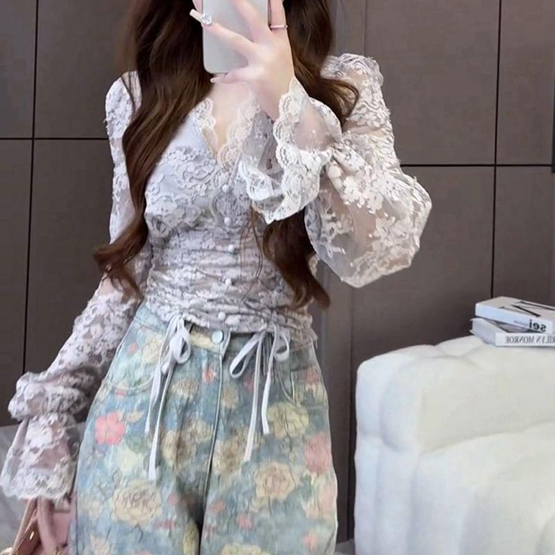 V-Neck Floral Drawstring Lace Blouse Product Image