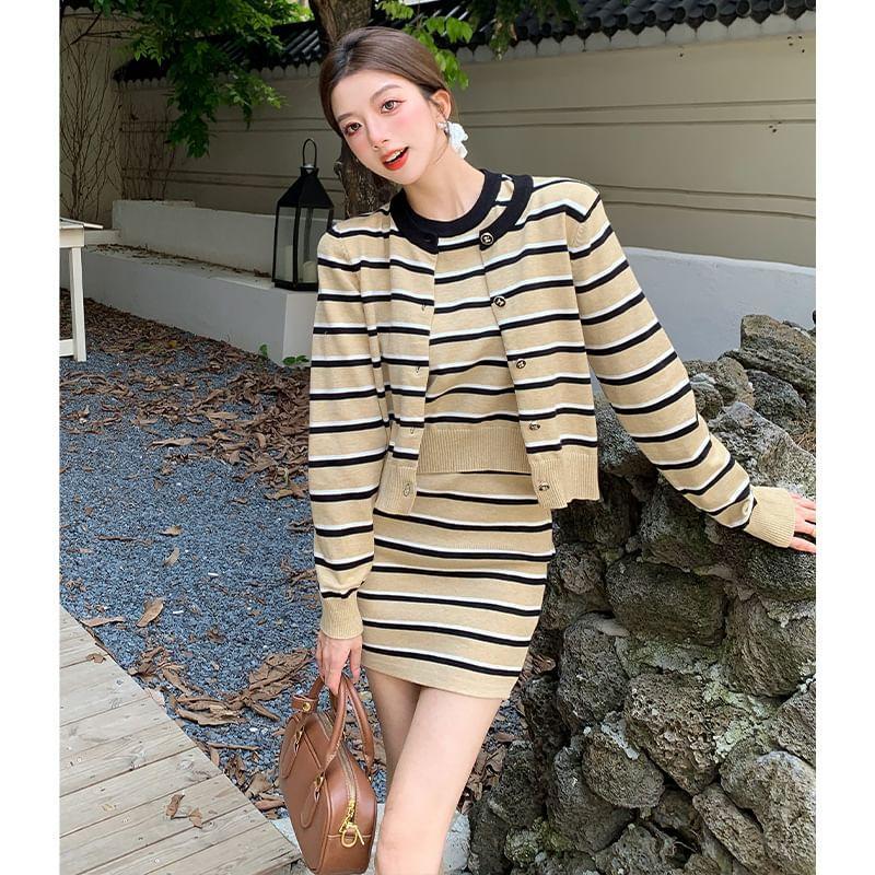 Set: Striped Button-Up Jacket + Short-Sleeve Top + Mini Skirt Product Image