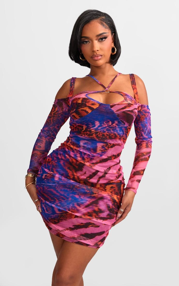 Shape Purple Print Mesh Ring Halterneck Ruched Bodycon Dress Product Image