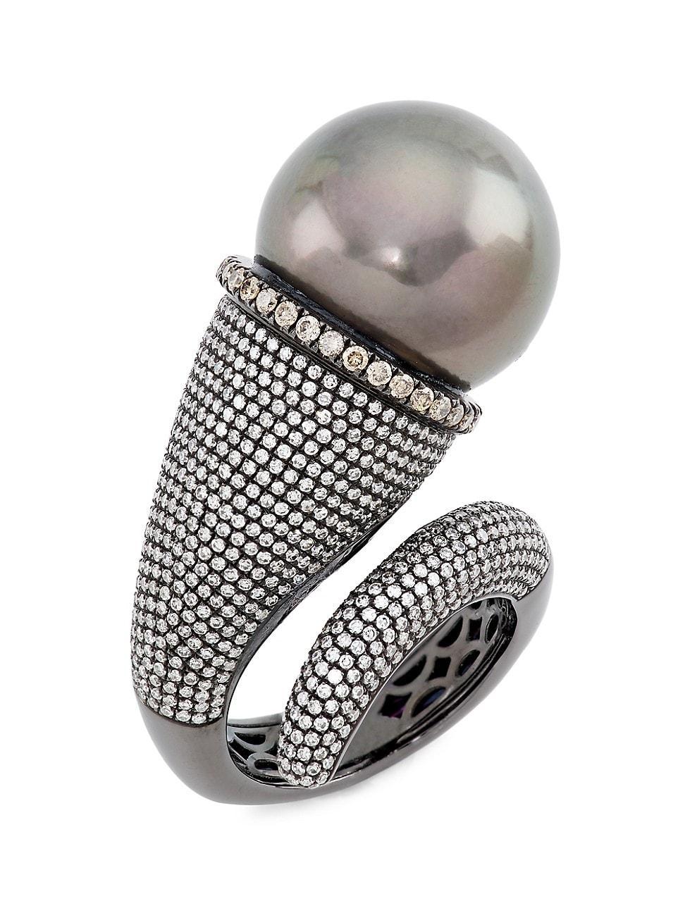 Womens 18K White Gold, Tahitian Pearl & 2.31 TCW Diamond Large Swirl Cocktail Ring Product Image