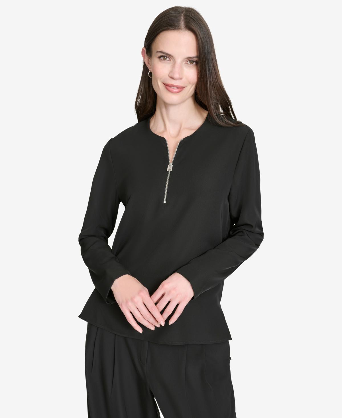 Halston Womens Zip-Front Hi-Low Side-Slit Blouse Product Image