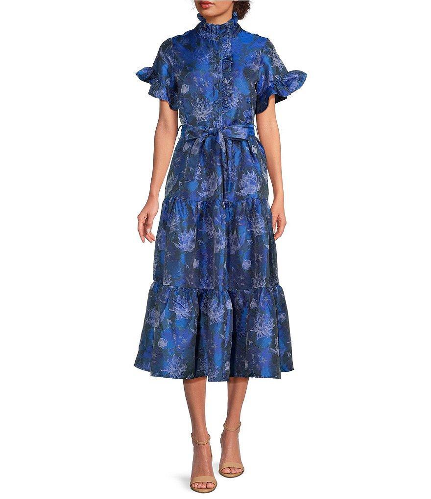 Abbey Glass Floral Print Sadie Ruffle Short Sleeve Tie Waist Tiered Pocketed Midi Dress Product Image