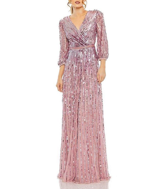 Mac Duggal Sequin Surplice V-Neck 3/4 Sleeve Embellished A-Line Gown Product Image