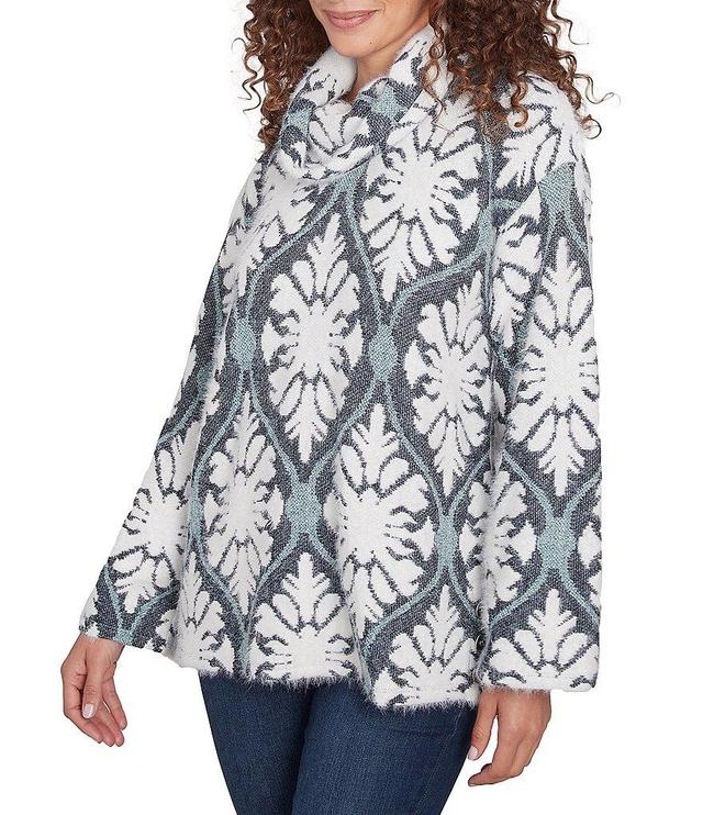 Ruby Rd. Jacquard Knit Jewel Tile Cowl Neck 3/4 Sleeve Side Slits Sweater Product Image