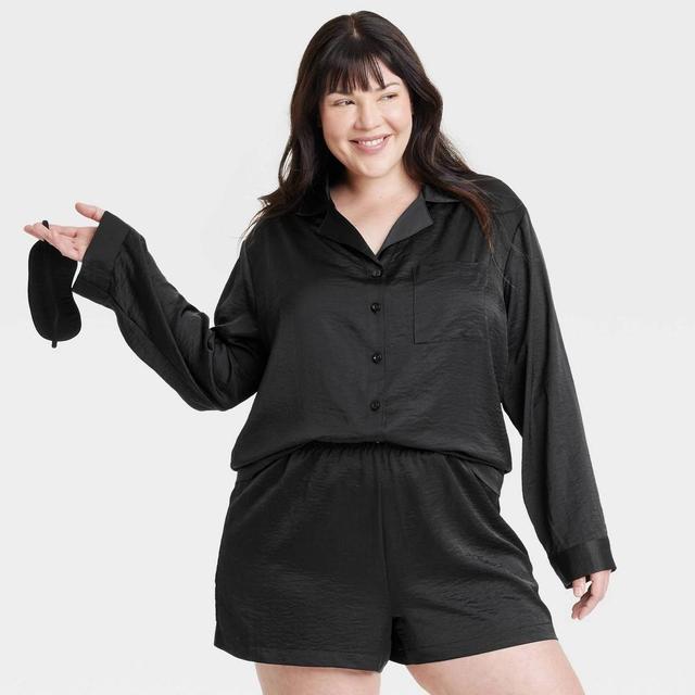 Womens 3pc Satin Long Sleeve Top and Shorts Pajama Set with Eye Mask - Auden Black 3X Product Image