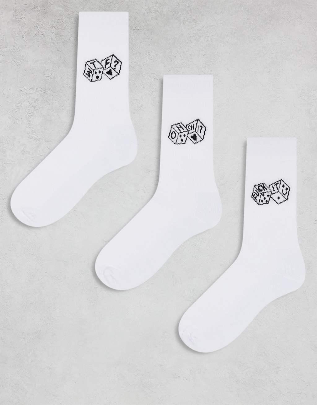 ASOS DESIGN 3 pack socks with dice embroidery in white Product Image