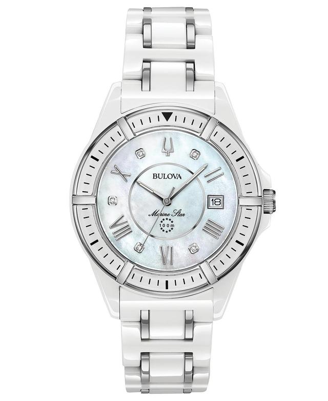 Bulova Womens Marine Star Diamond-Accent White & Silver-Tone Ceramic Bracelet Watch 37mm Product Image