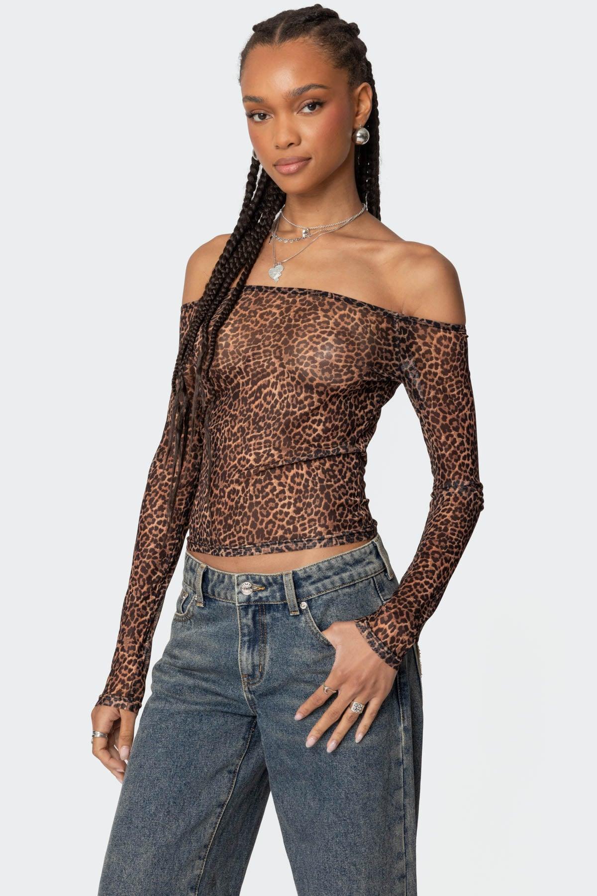 Leopard Sheer Mesh Off Shoulder Top Product Image