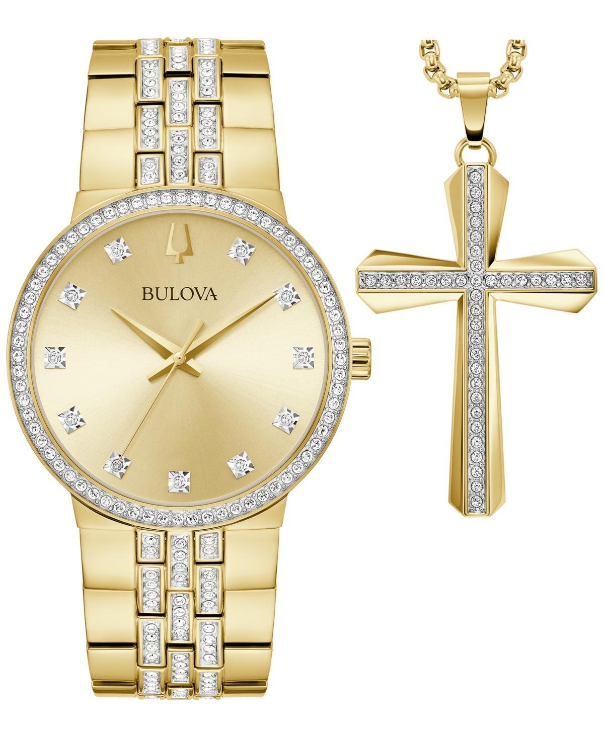 Bulova Mens Crystal Gold Tone Stainless Steel Bracelet Watch and Necklace Box Set Product Image