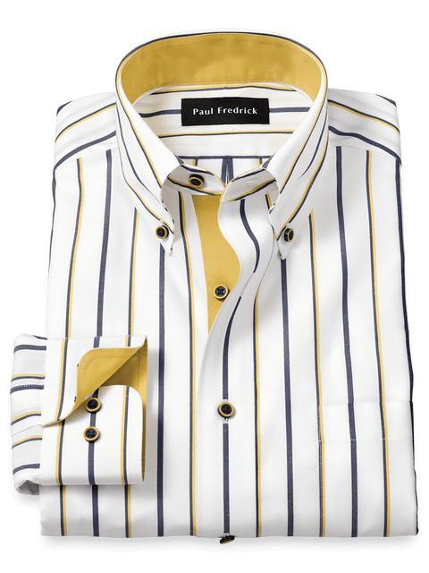 Non-Iron Cotton Stripe Dress Shirt With Contrast Trim - Navy/gold Product Image