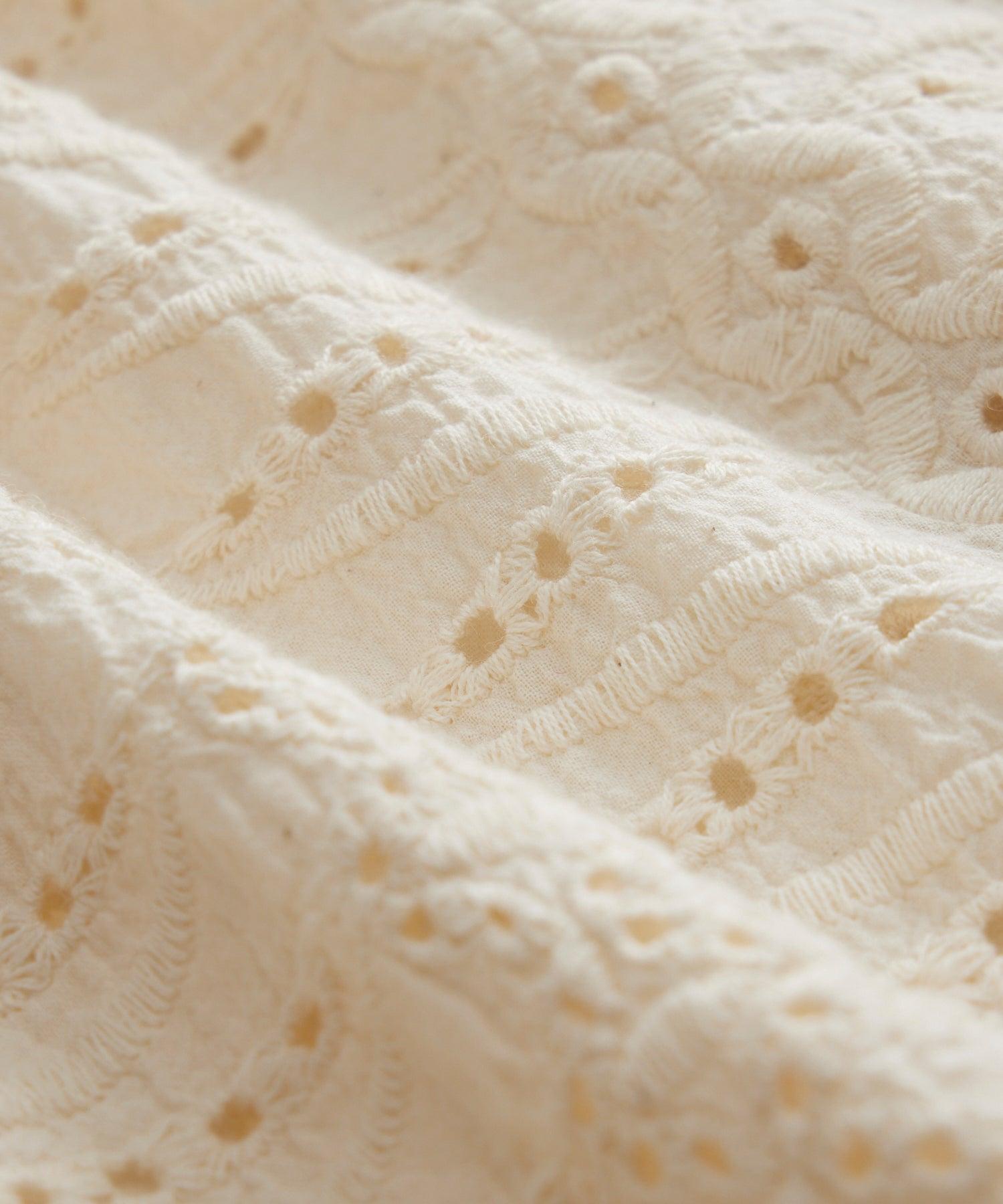 Embroidered Eyelet Short Sleeve Camp Collar Shirt in Cream Product Image