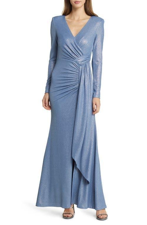 Vince Camuto Ruched Metallic Side Drape Long Sleeve Gown Product Image