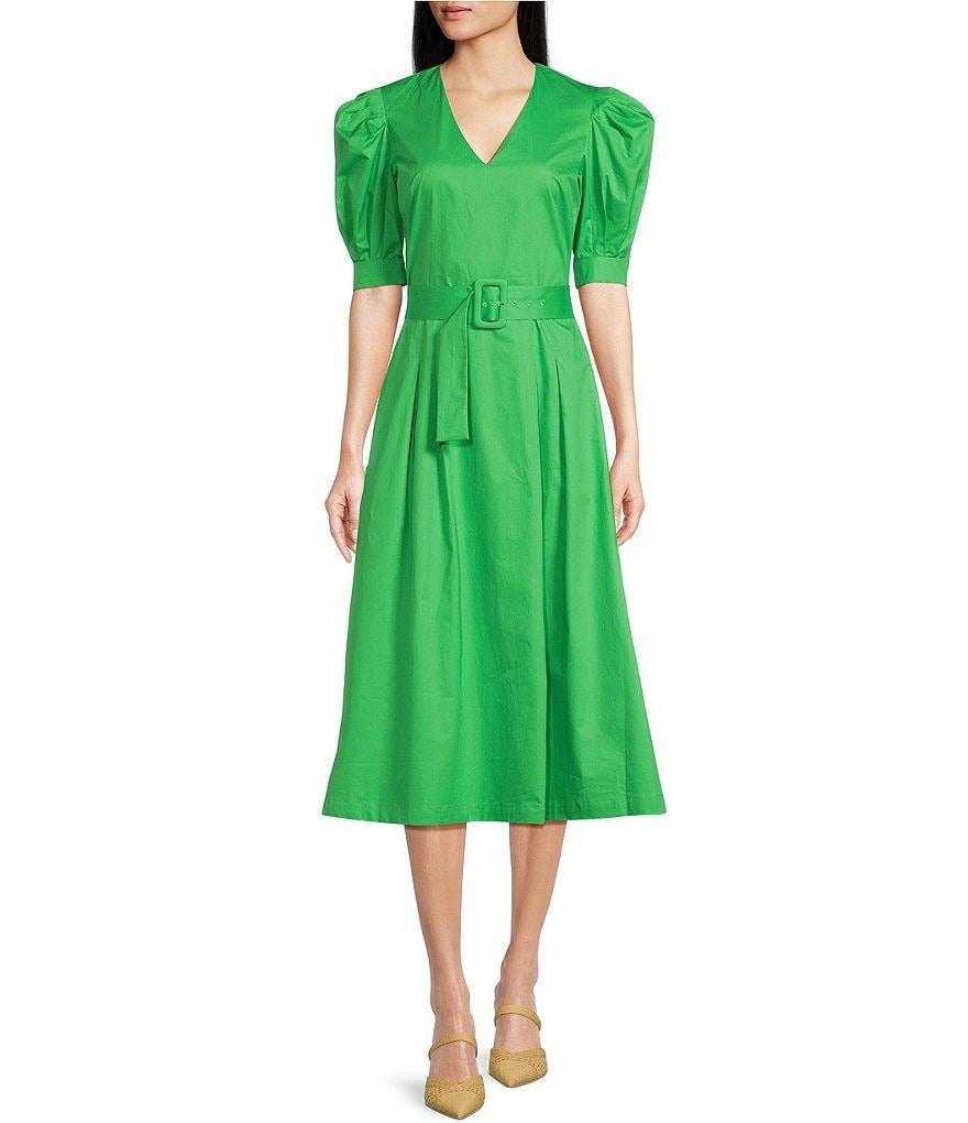 Tara Jarmon Ranya Poplin Woven V-Neck Short Balloon Sleeves Belted Midi A-Line Dress Product Image