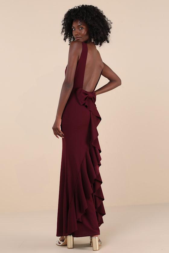 Exquisite Refinement Plum Purple Backless Bow Ruffled Maxi Dress Product Image