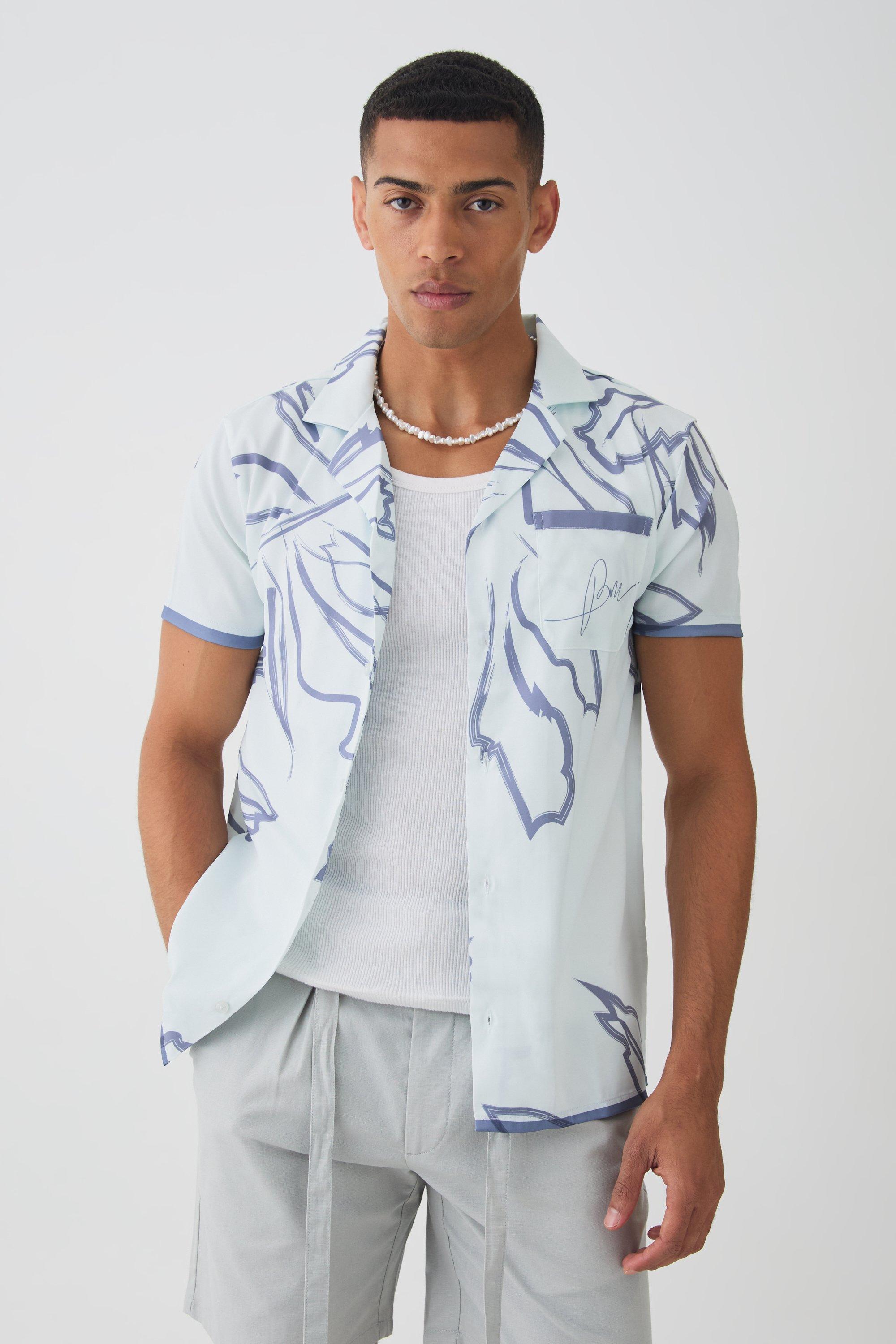 Short Sleeve Satin Tonal Palm Shirt | boohooMAN USA Product Image