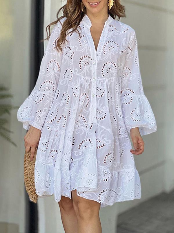 A-Line Flared Sleeves Buttoned Hollow Solid Color Split-Joint V-Neck Mini Dresses Product Image