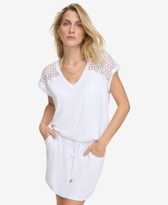 Calvin Klein Crochet-Shoulder Tunic Cover Up Womens Swimsuit Product Image