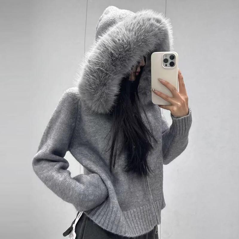 Faux Fur Trim Hooded Zip-Up Cardigan product image