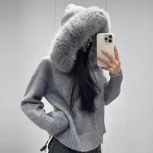 Faux Fur Trim Hooded Zip-Up Cardigan Product Image