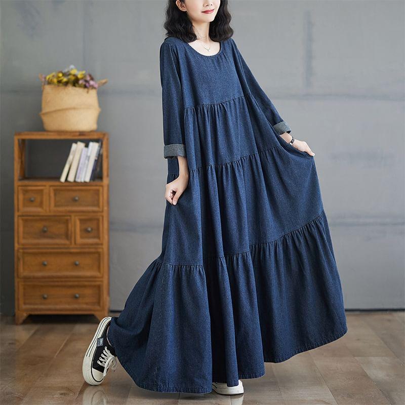 3/4-Sleeve Plain Denim Maxi Smock Dress Product Image