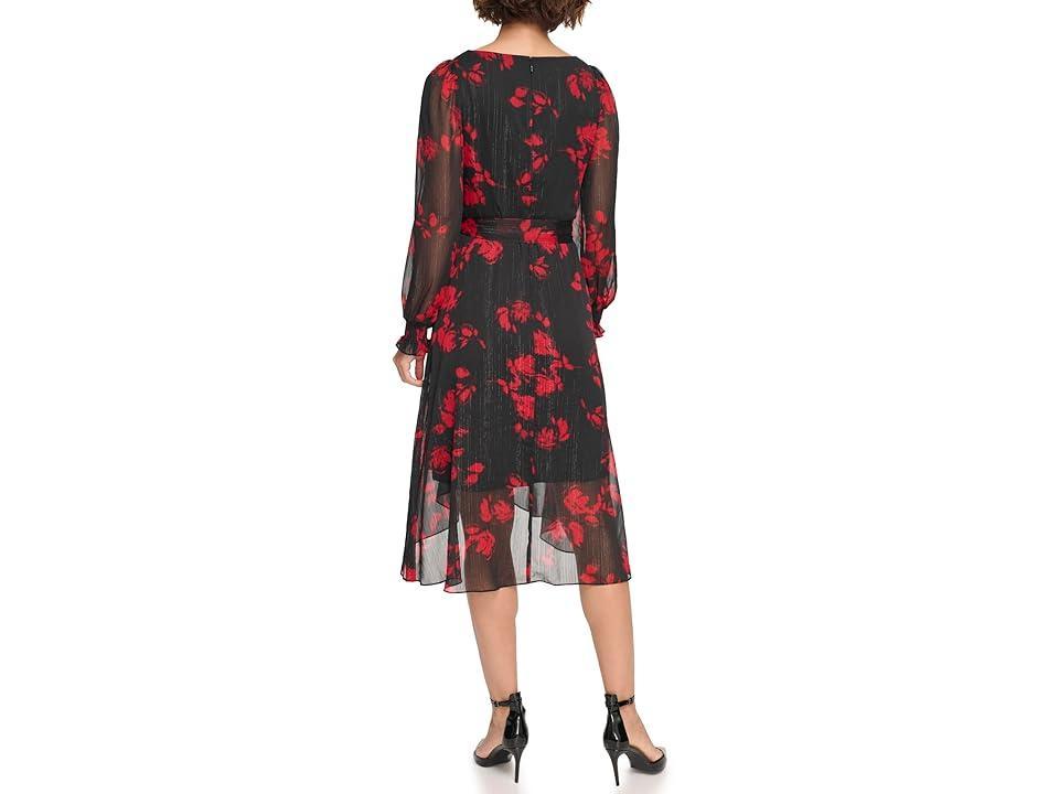 DKNY Long Balloon Sleeve with Wrap Skirt Scarlet) Women's Clothing Product Image