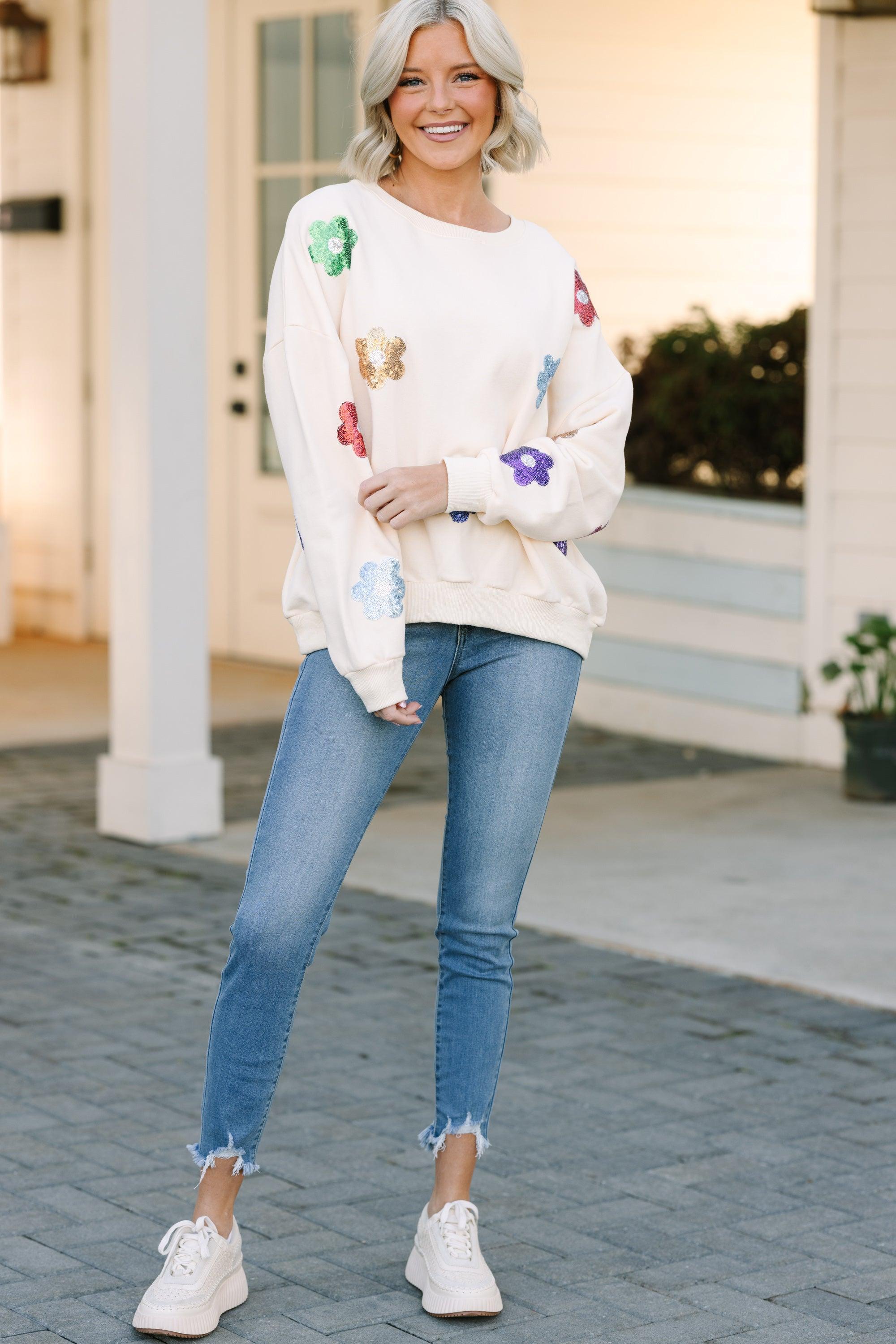 Just My Type Cream White Floral Sweatshirt Female Product Image