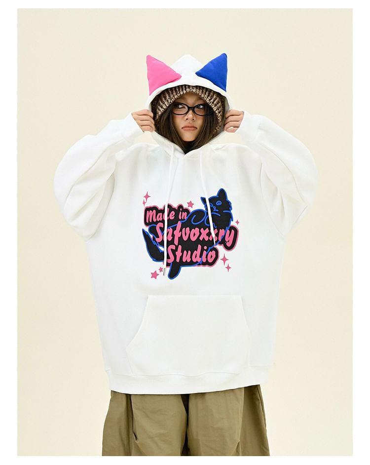 Drawstring Cat Ear Printed Oversized Hoodie Product Image