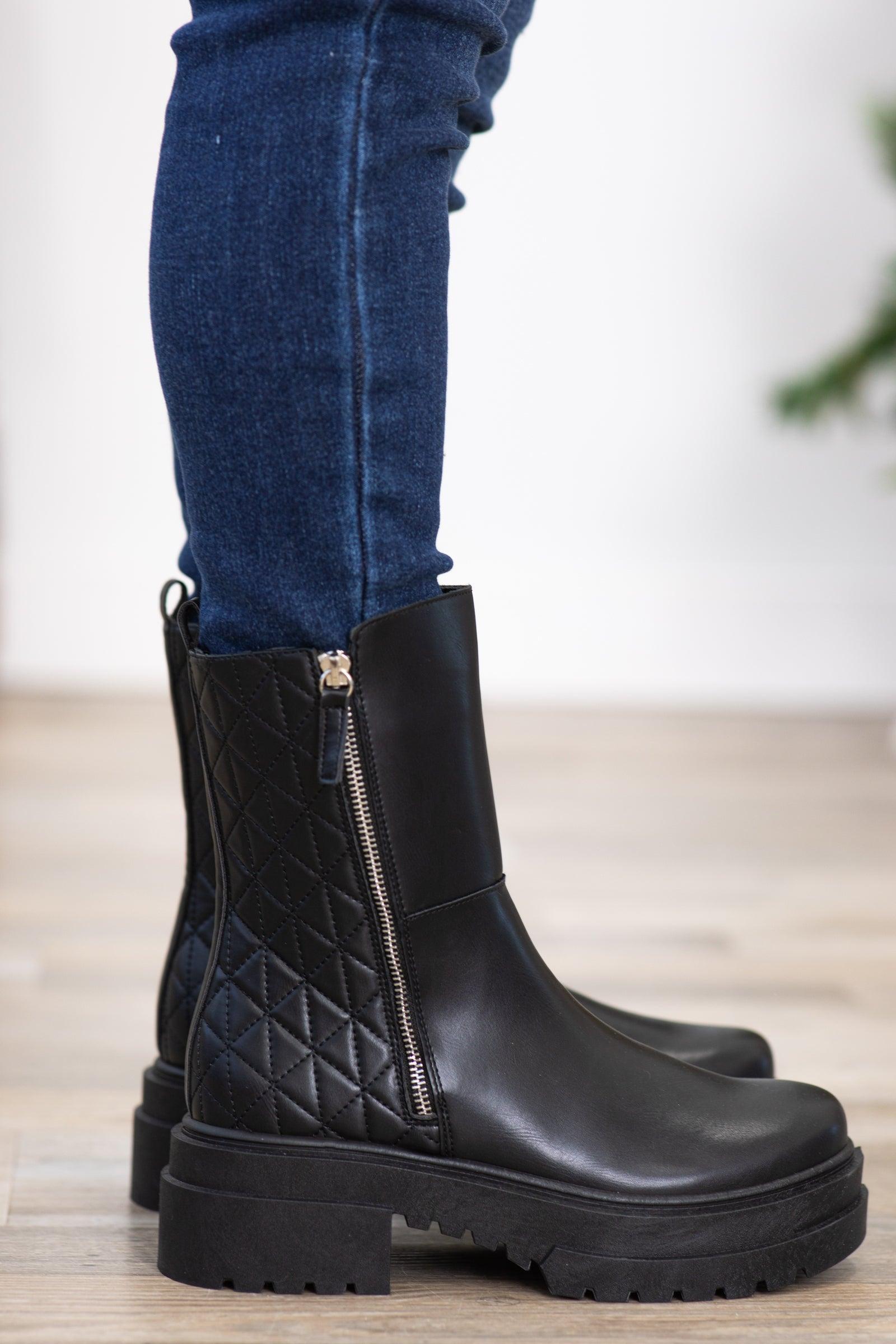 Black Lug Sole Quilted Detail Boots Product Image