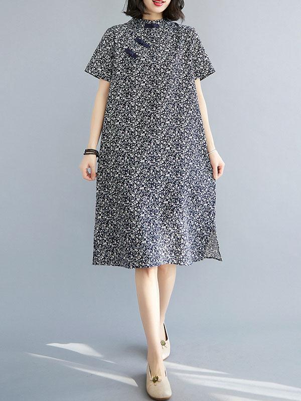 Artistic Retro Floral Printed Stand Collar Short Sleeves Cheongsam Midi Dress Product Image