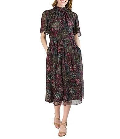 Julia Jordan Floral Print Mock Neck Short Sleeve Cinched Waist Pocketed Midi Dress Product Image