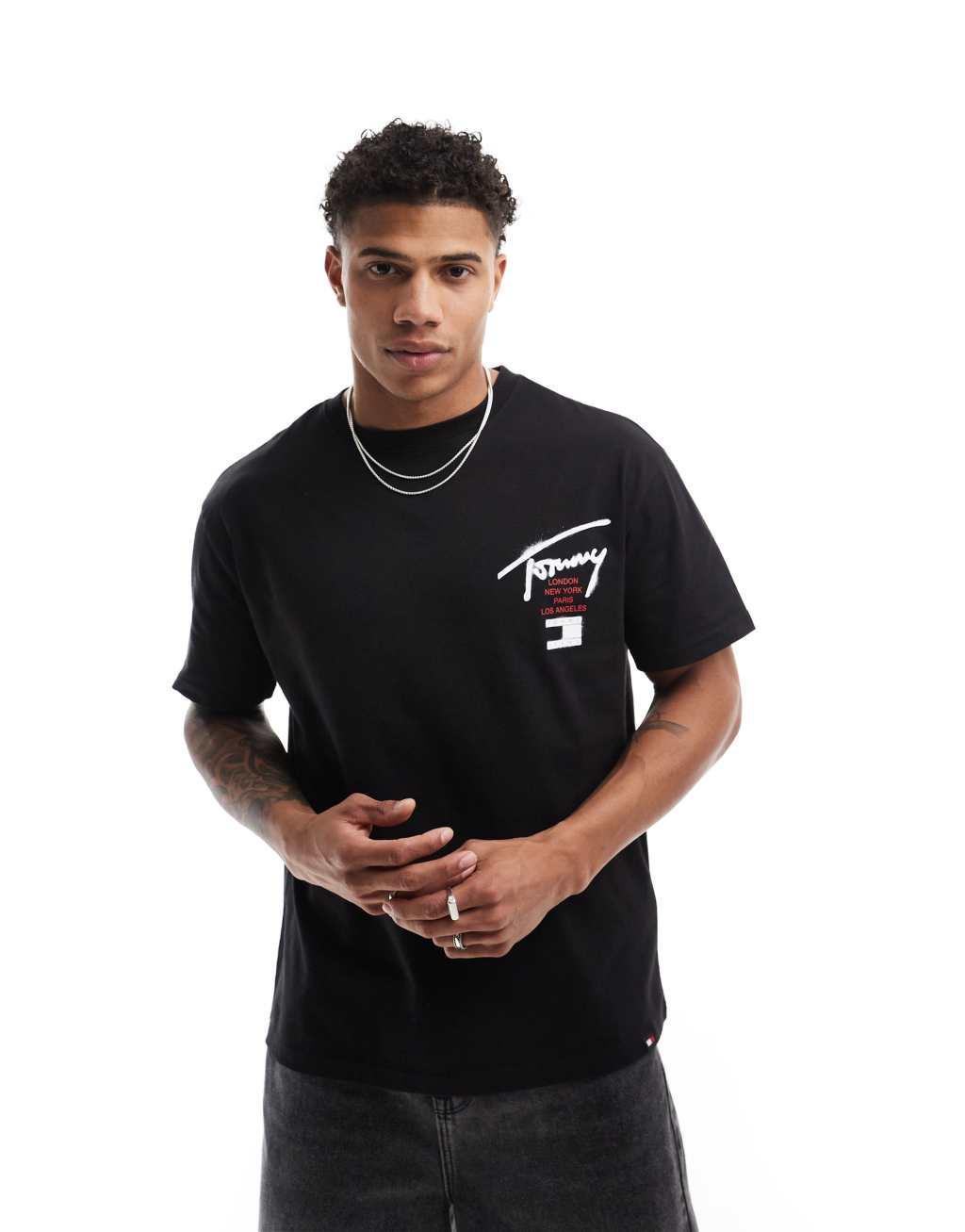 Tommy Jeans graffiti signature backprint T-shirt in black Product Image