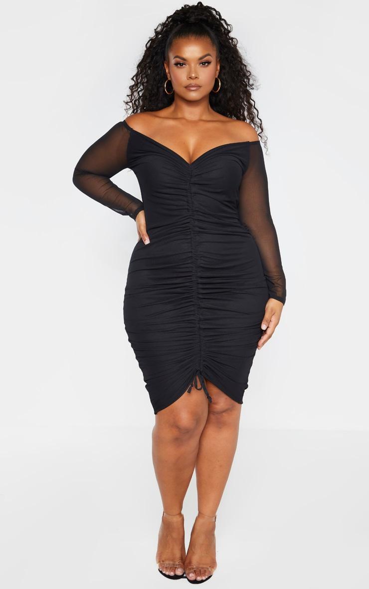 Plus Black Mesh Ruched Bardot Midi Dress Product Image