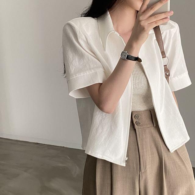 Short-Sleeve Zip-Up Plain Crop Jacket Product Image