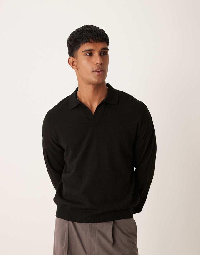 ASOS DESIGN relaxed boxy fit knit long sleeve notch neck polo in black Product Image