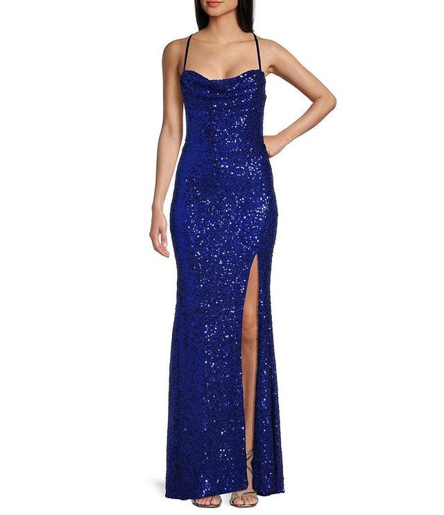 B. Darlin Sequin Cowl Neck Cross Back Side Slit Long Dress Product Image