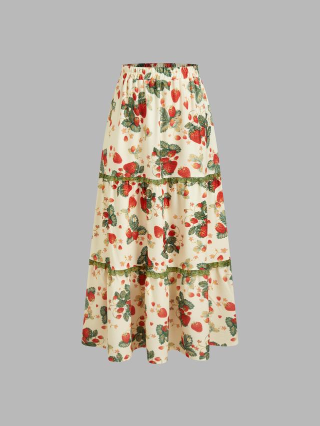 Mid Rise Strawberry Tiered Maxi Skirt Product Image