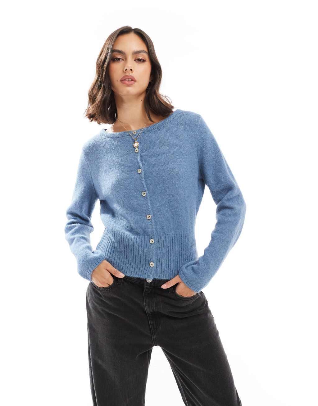 ASOS DESIGN fluffy knit cardigan in dusty blue Product Image