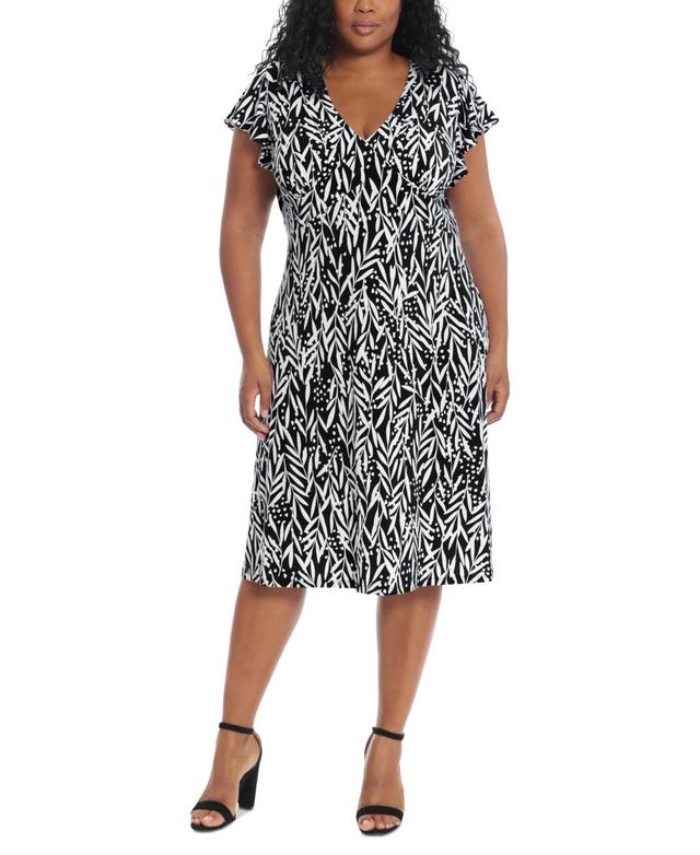 London Times Plus Size Fern Dot Print Matte Jersey V-Neck Flutter Short Sleeve A-Line Machine Washable Midi Dress Product Image