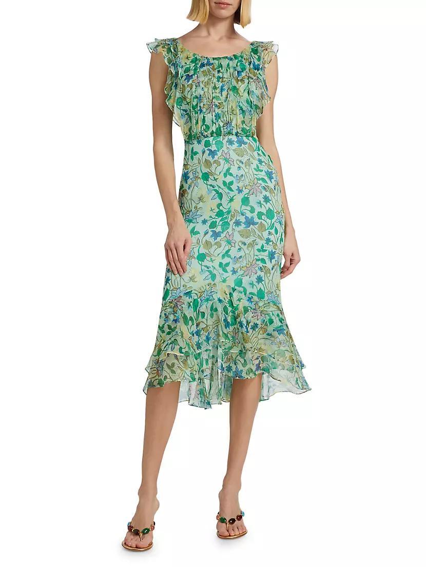 Aisha Ruffled Floral Silk Midi-Dress Product Image