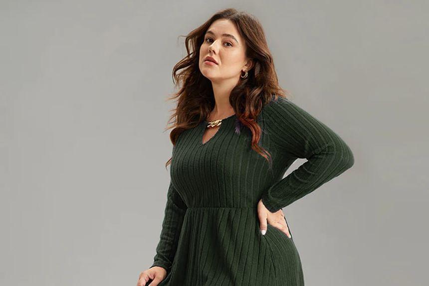 Plus Size Long-Sleeve Striped Midi A-Line Dress Product Image