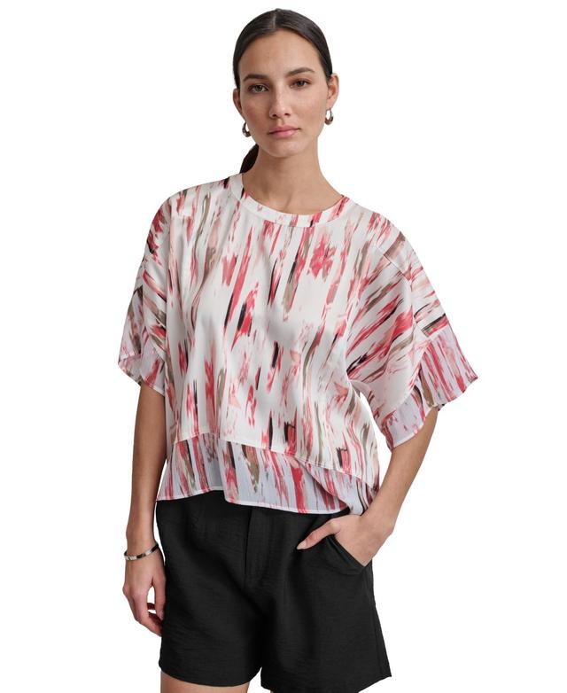 Dkny Womens Printed Mixed-Media Dolman-Sleeve Top Product Image