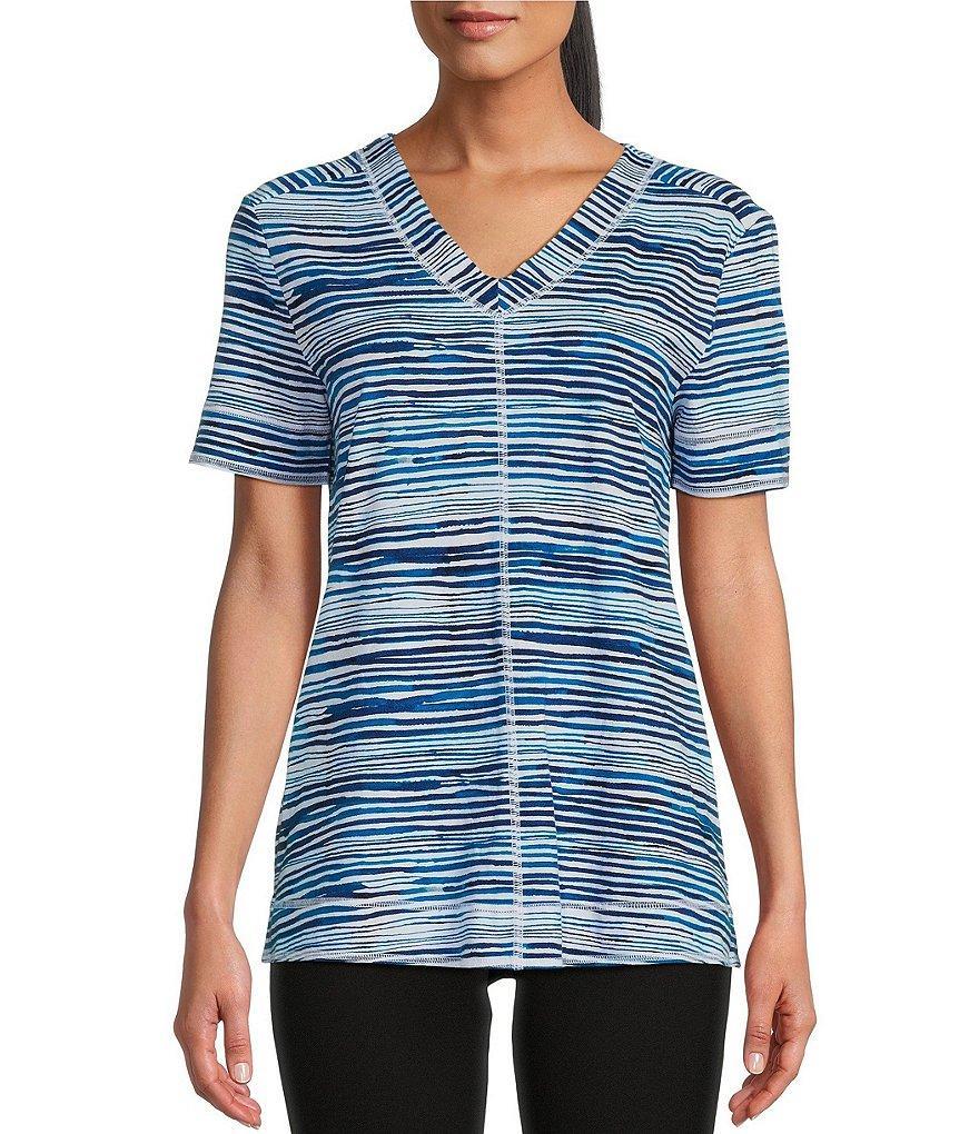 Westbound Petite Size Knit Stripe Short Sleeve V-Neck Top Product Image