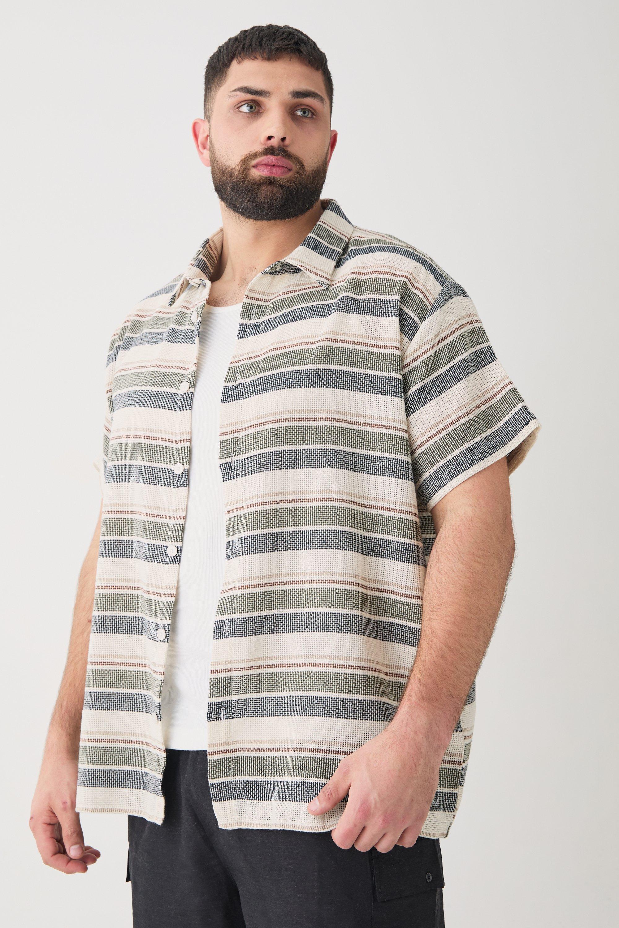 Plus Short Sleeve Oversized Textured Stripe Shirt In Stone | boohooMAN USA Product Image