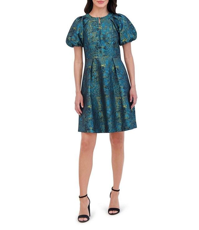 Vince Camuto Abstract Jacquard Round Keyhole Neck Short Balloon Sleeve Fit and Flare Mini Dress Product Image