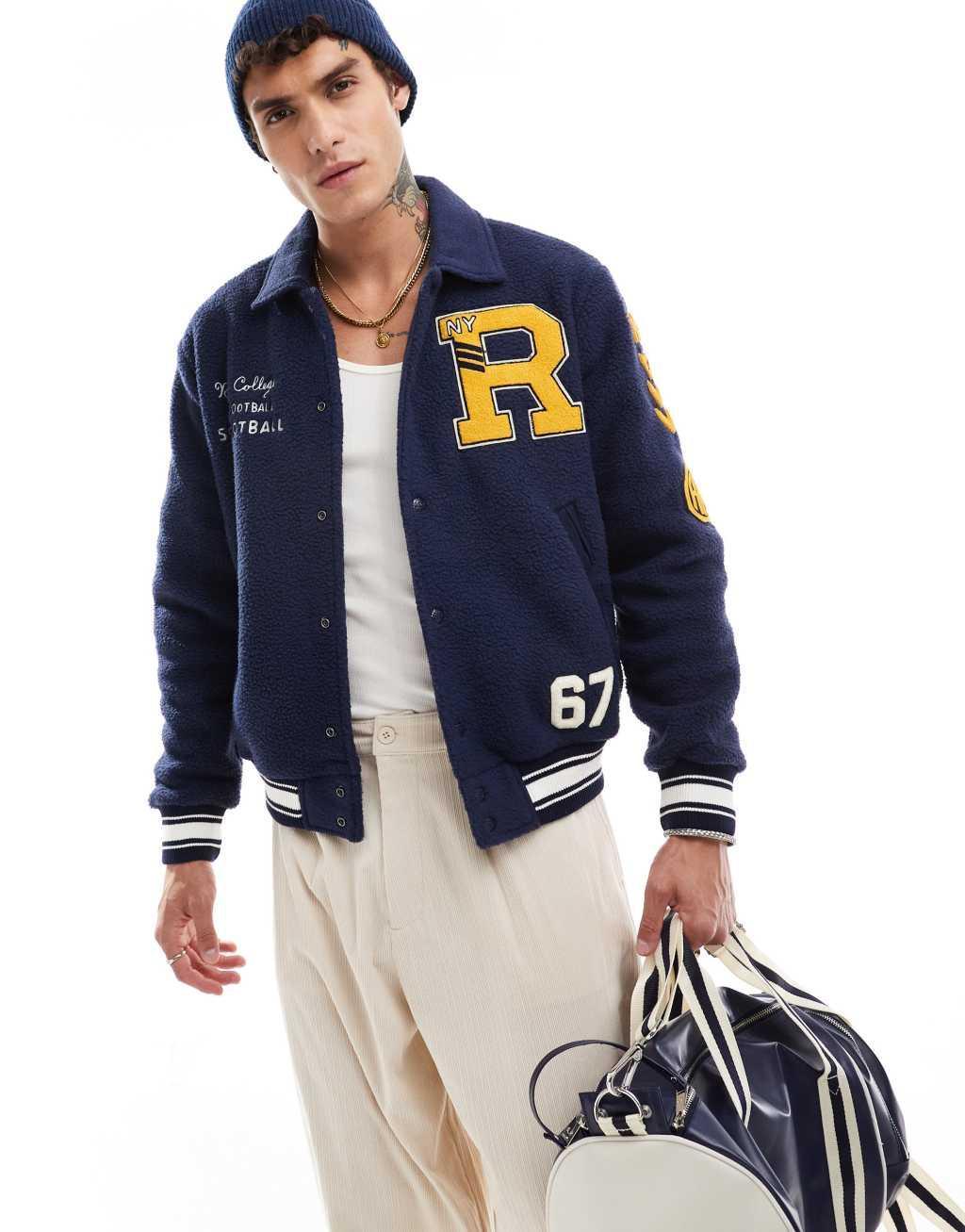 Polo Ralph Lauren borg badge baseball jacket in navy Product Image