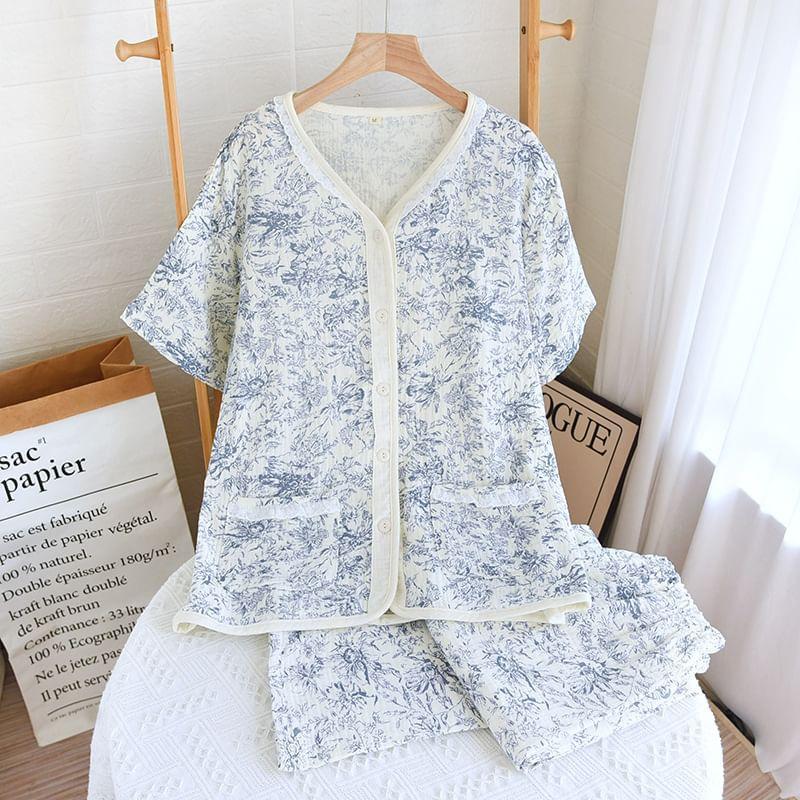 Pajama Set: Short-Sleeve V-Neck Floral Lace Trim Shirt + Pants Product Image