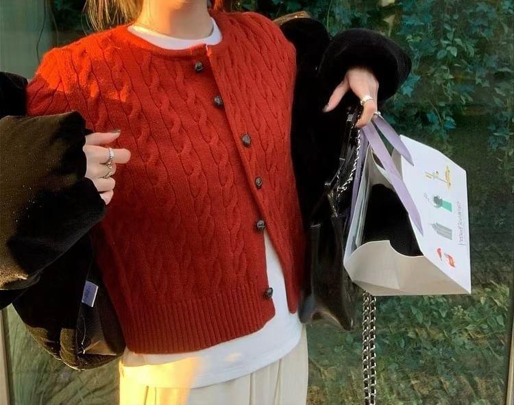 Plain Cable-Knit Cardigan Product Image