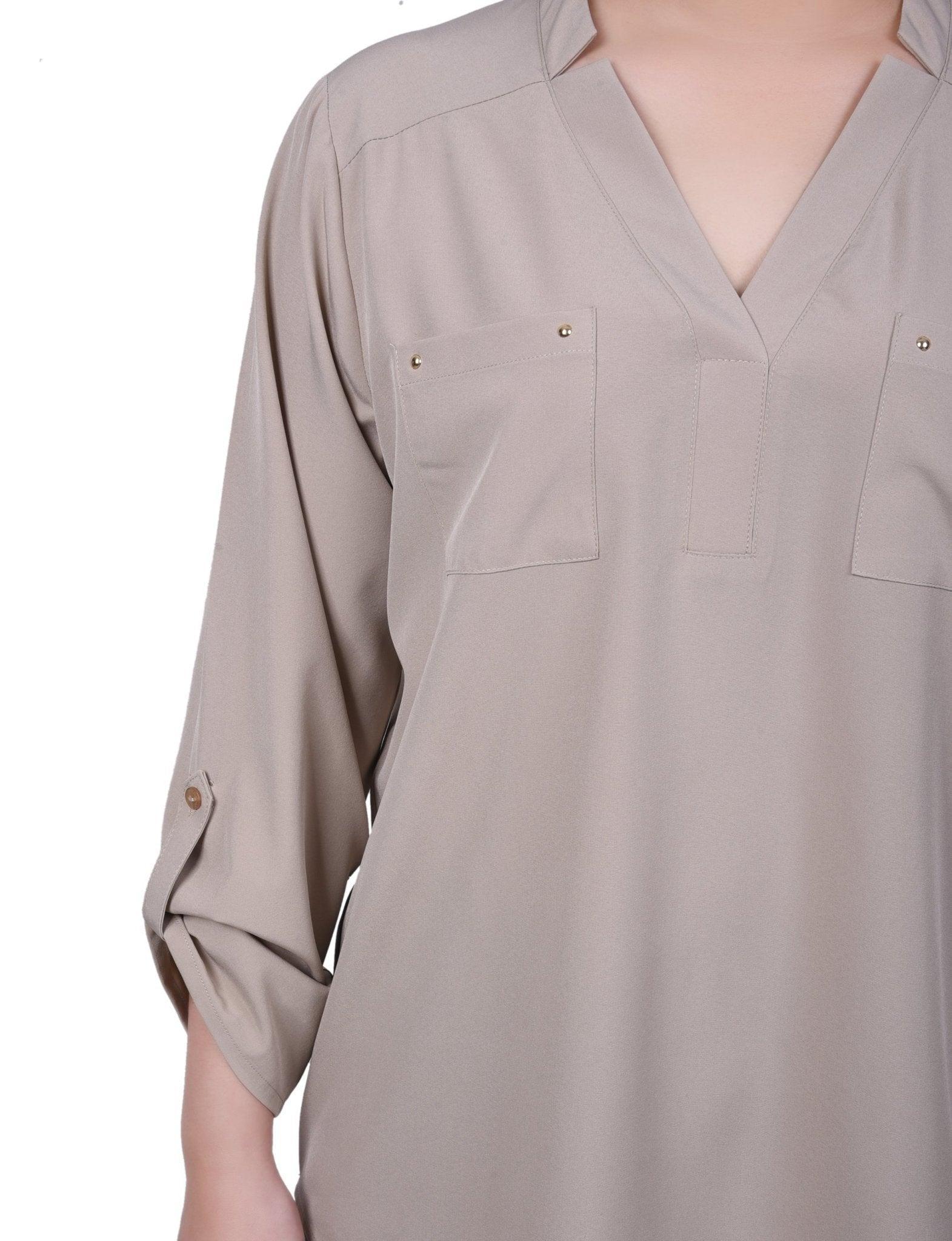 NY Collection Roll Tab Sleeve Blouse with Pockets - Petite Product Image