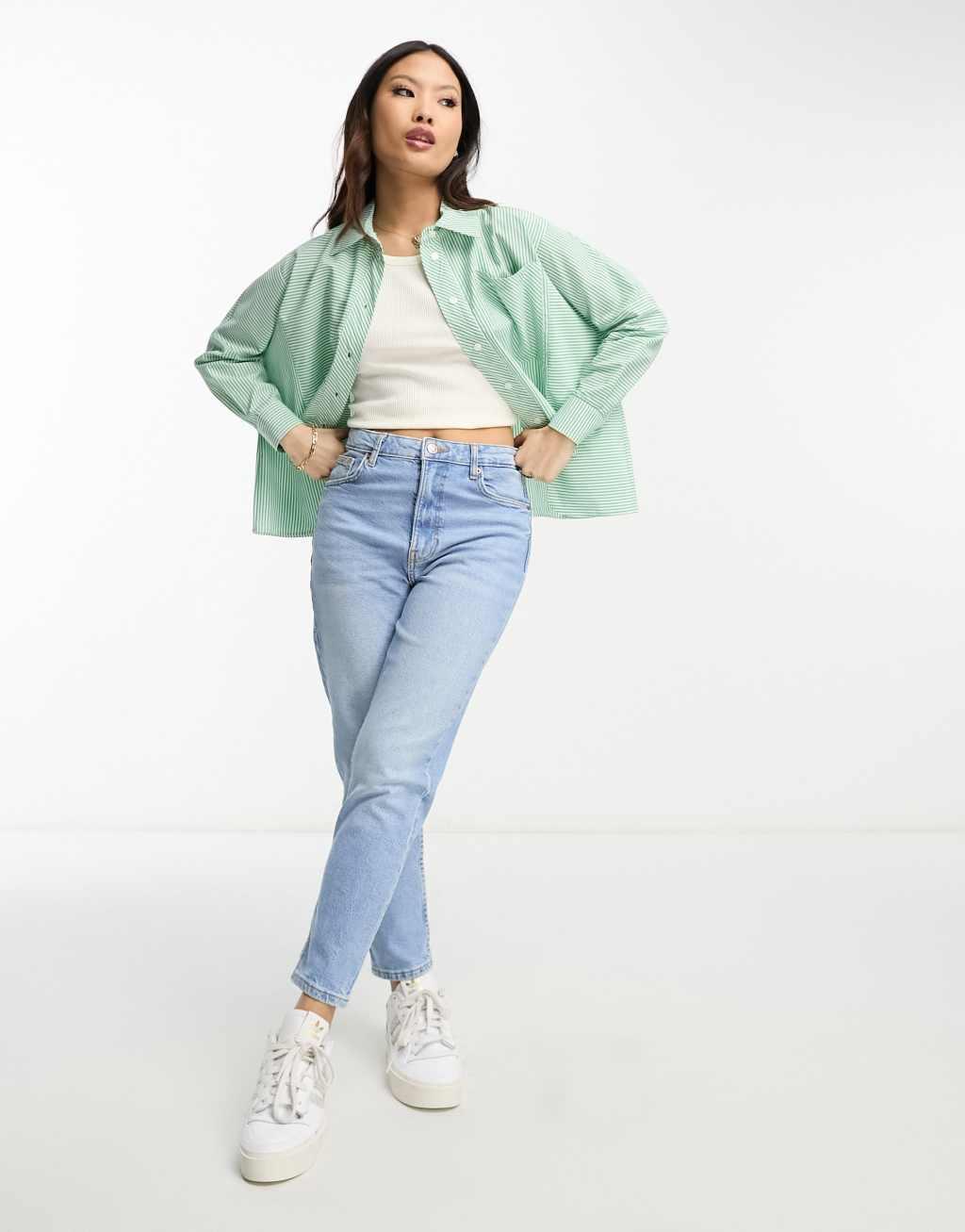 River Island Petite cropped shirt in green stripe Product Image